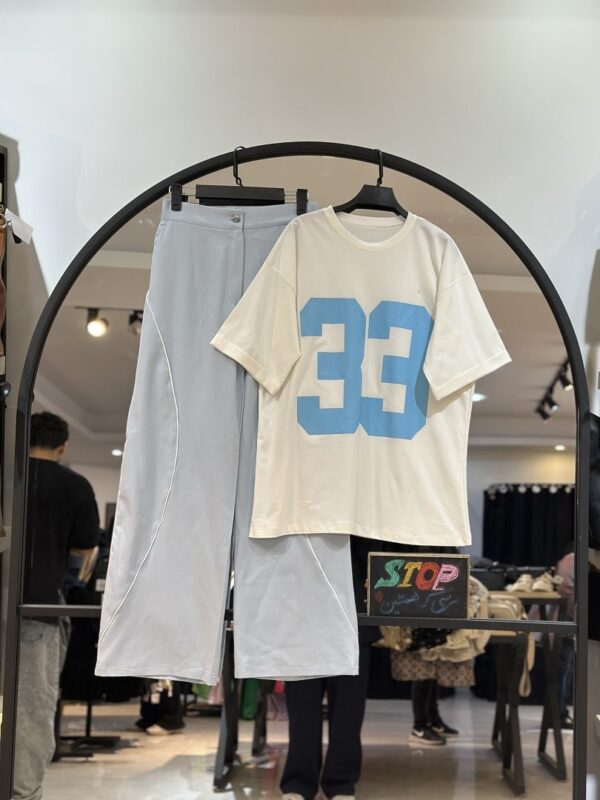 ست تیشرت نخ پنبه و شلوار بگ کتان جین طرح 33(34593) - Image 2