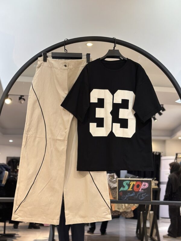 ست تیشرت نخ پنبه و شلوار بگ کتان جین طرح 33(34593) - Image 4