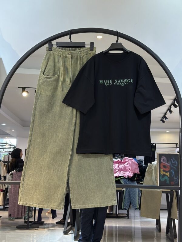 ست تیشرت سوپر پنبه و شلوار کتان حصیری سنگشور (35171) - Image 2