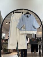 ست تیشرت استتین سه ربع کفی و شلوار کتان جین ماسچینو (35519)