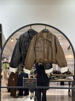 کاپشن چرم استین راه راه ترک (35757)