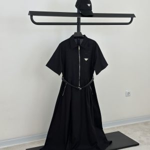 پراهن پرادا لینن کمر بند دار و کلاه (3824)