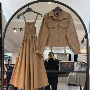 ست کت لینن پایین گت دکمه پانچی و پیراهن سینه کش ترک (35220)