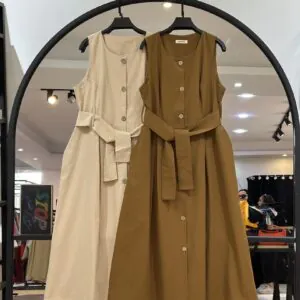 سارافون لینن جلو دکمه کمر پهن (35393)