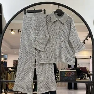 ست شومیز شلوار بافت حصیری زنبوری لمه دار (35703)