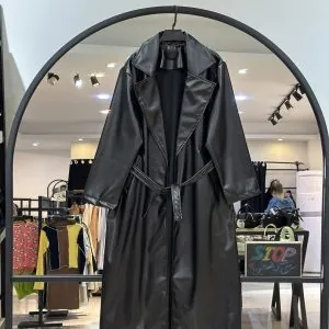 بارونی بلند چرم تو کرکی کمر بند دار یقه انگلیسی (36051)